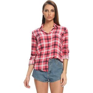 Lightweight Plaid Button Down Roll Up Sleeve Top, XS, 4B-144T009